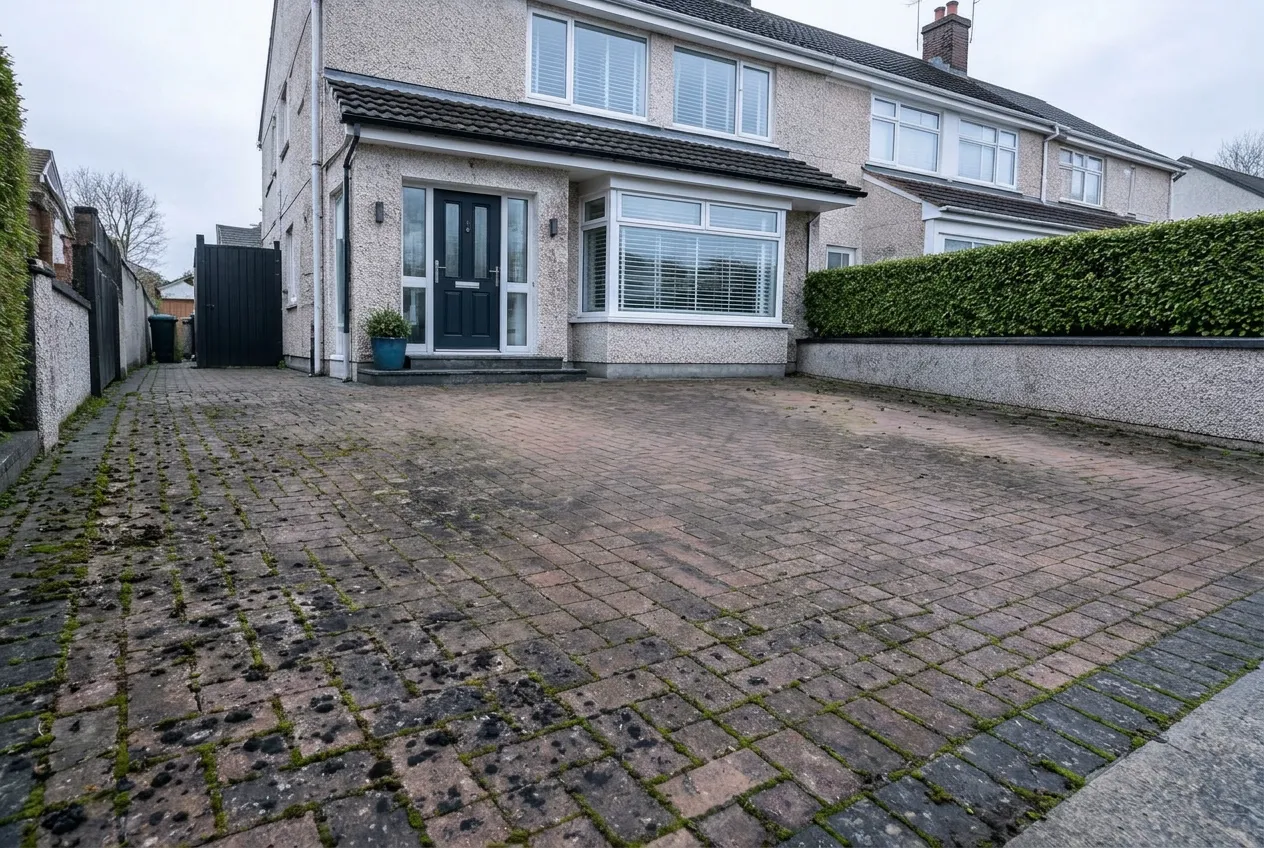 dull mossy brick driveway