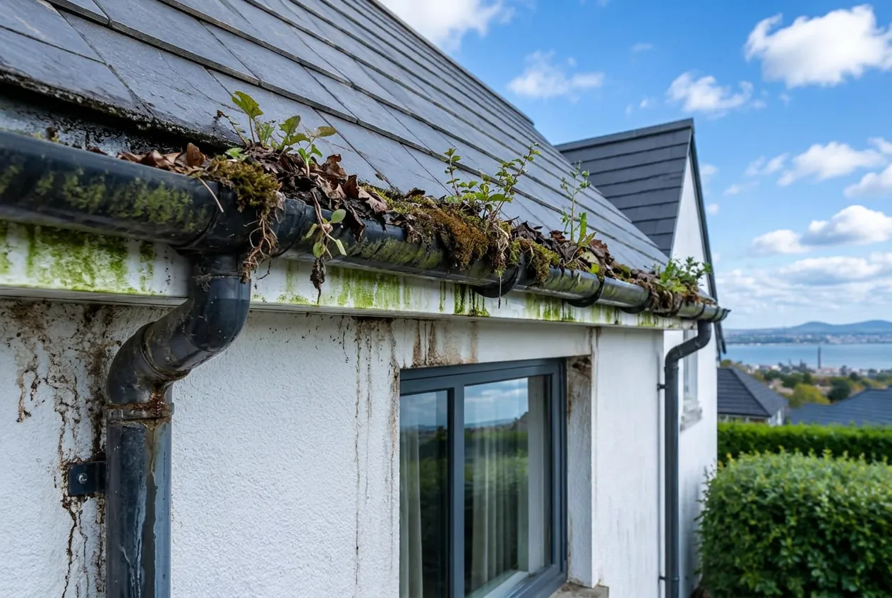 gutter overflowing with leaves and moss