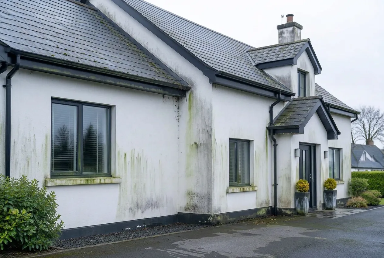 white rendered house with green algae streaks