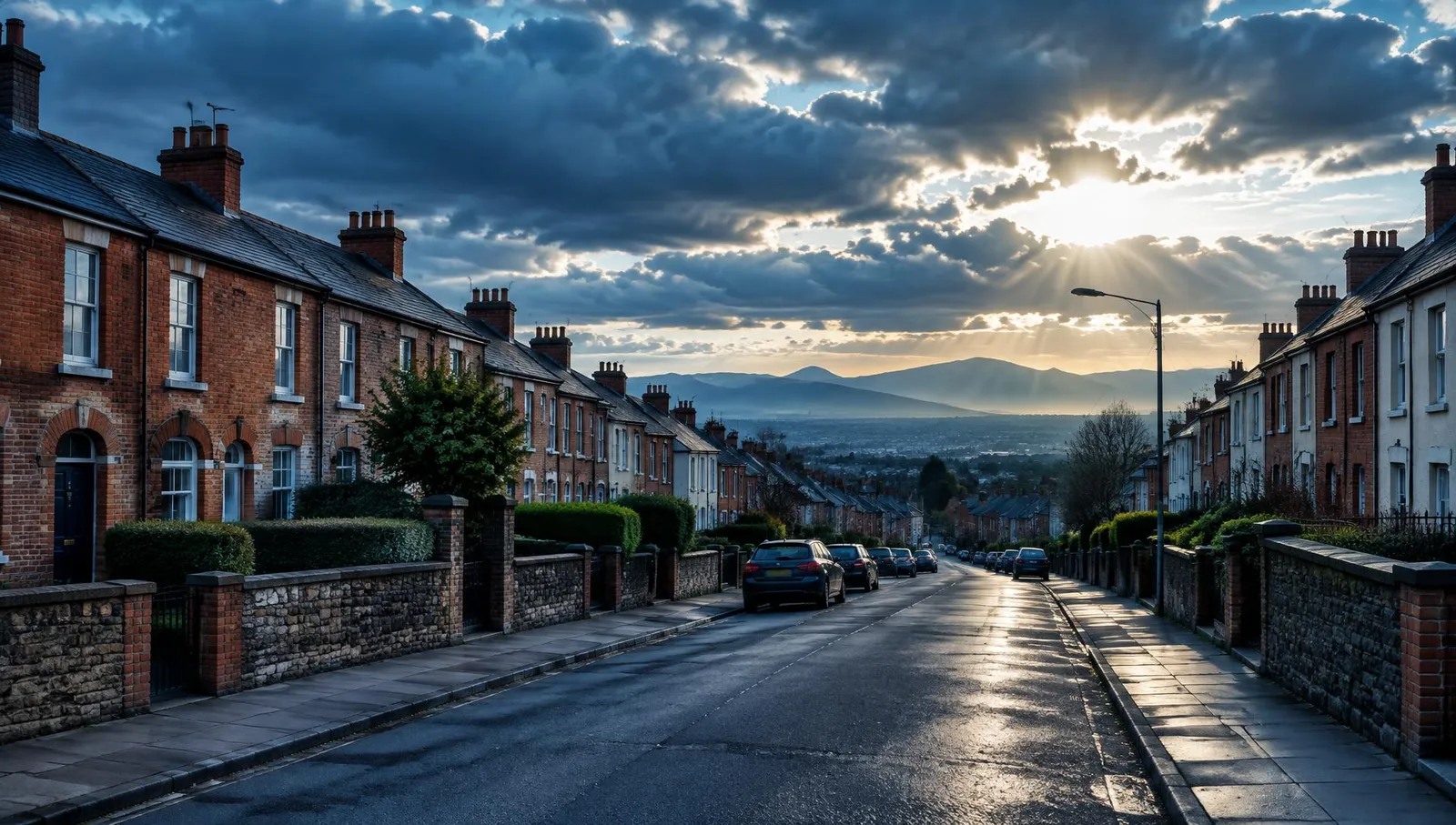 Dublin terraced street of red-brick houses with the Dublin Mountains beyond