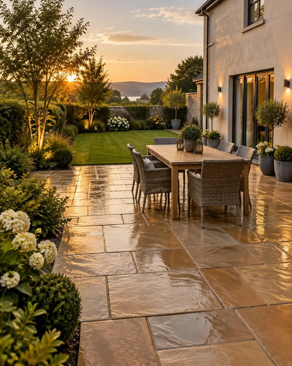 Freshly cleaned sandstone patio at sunset