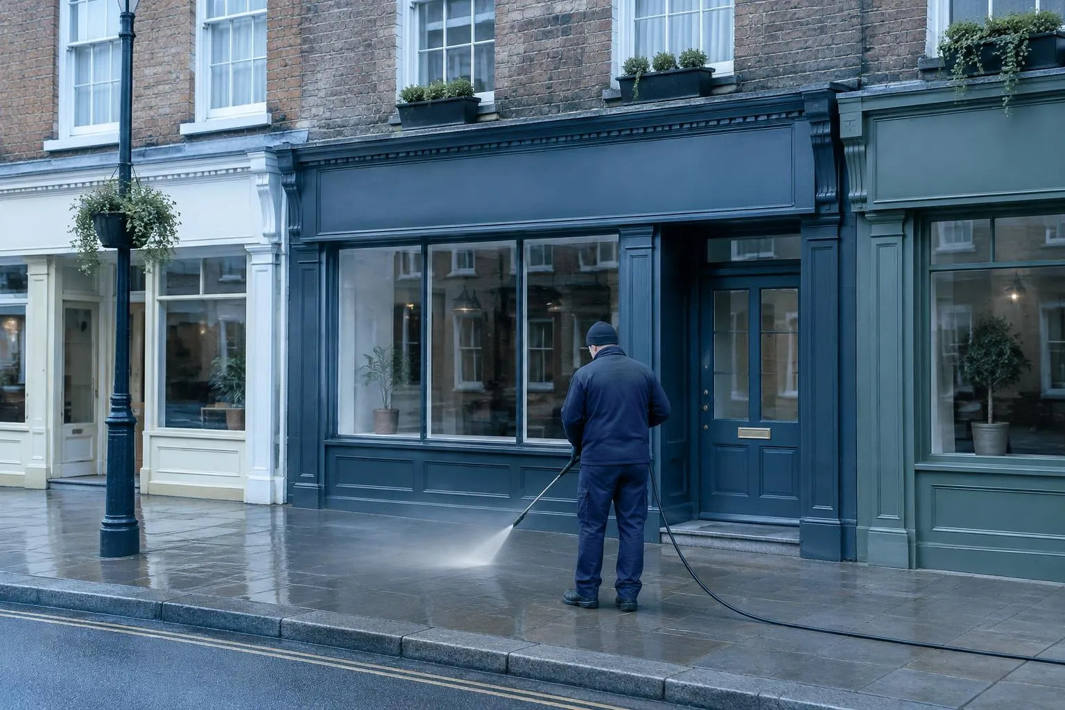 Worker in navy workwear cleaning the pavement outside a painted Dublin shopfront