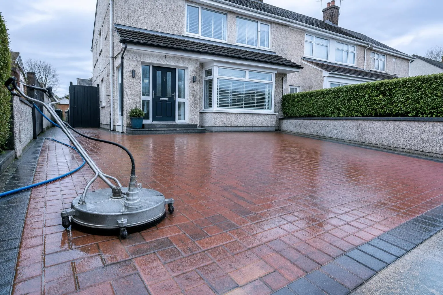 Freshly cleaned red brick-paved driveway in front of a Dublin semi-detached house with a rotary surface cleaner