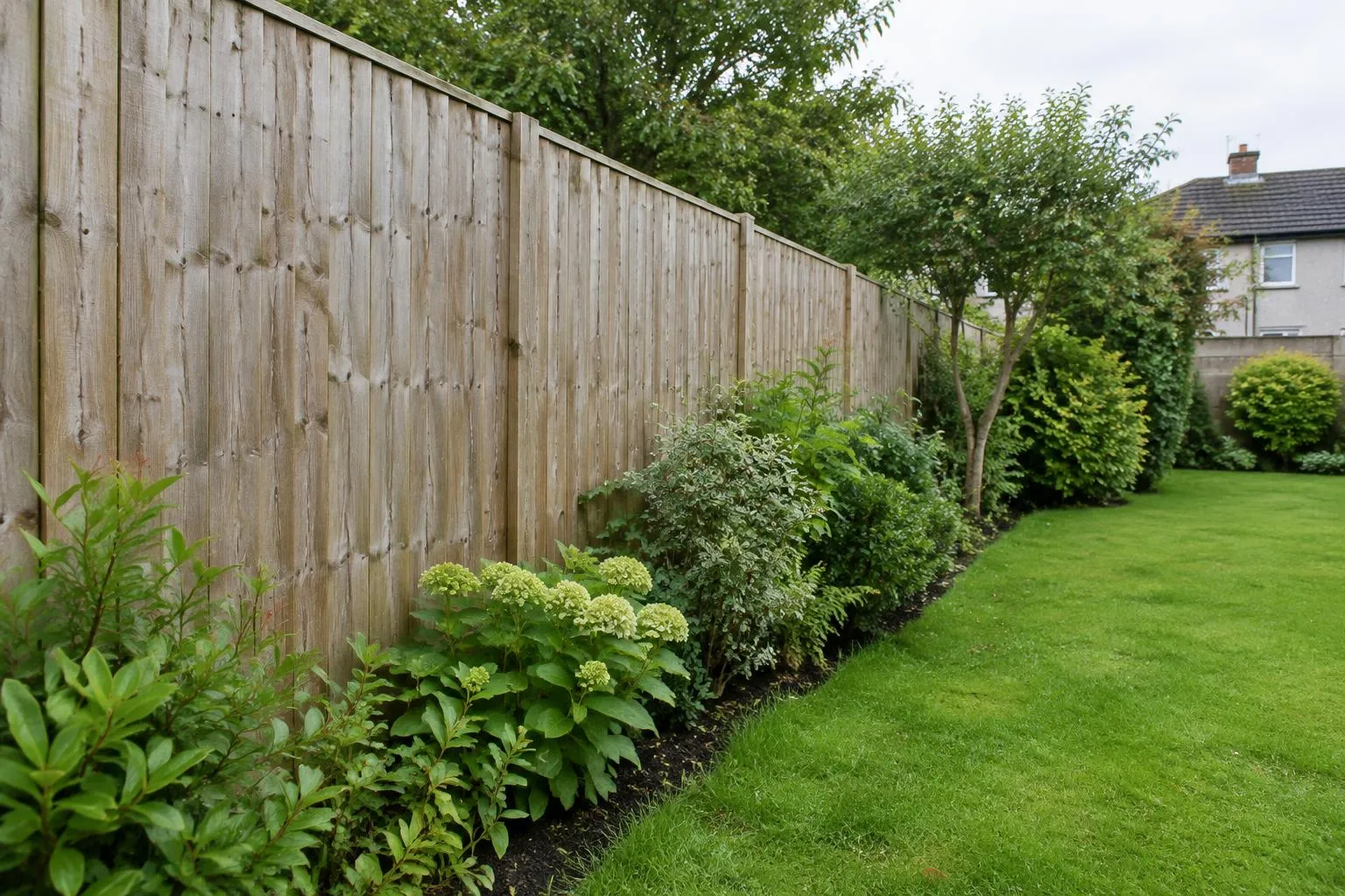 Clean natural timber garden fence beside a green lawn in a Dublin back garden