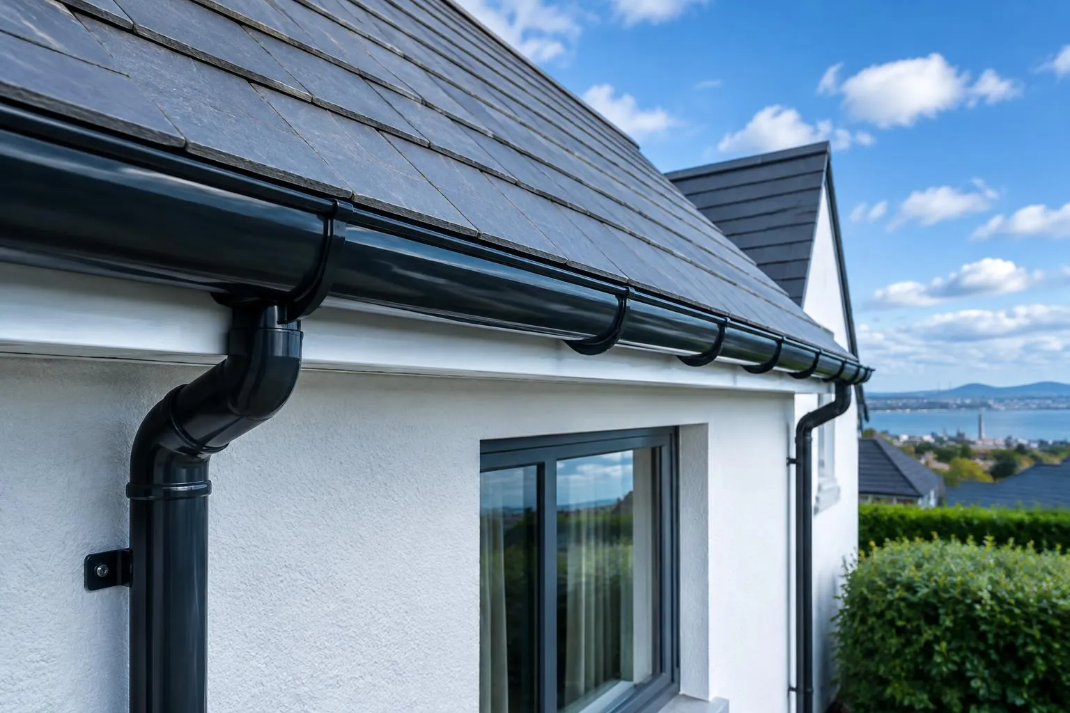 Clean black uPVC gutter and downpipe on a slate-roofed white Dublin house