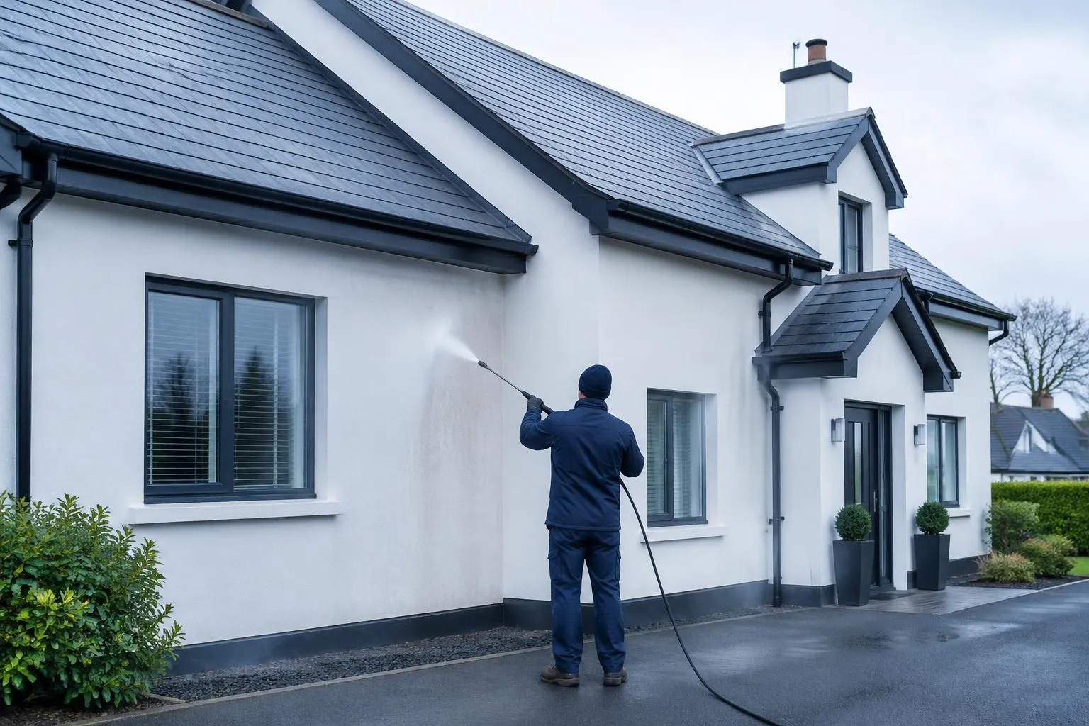 Worker in navy workwear soft-washing the white render of an Irish house